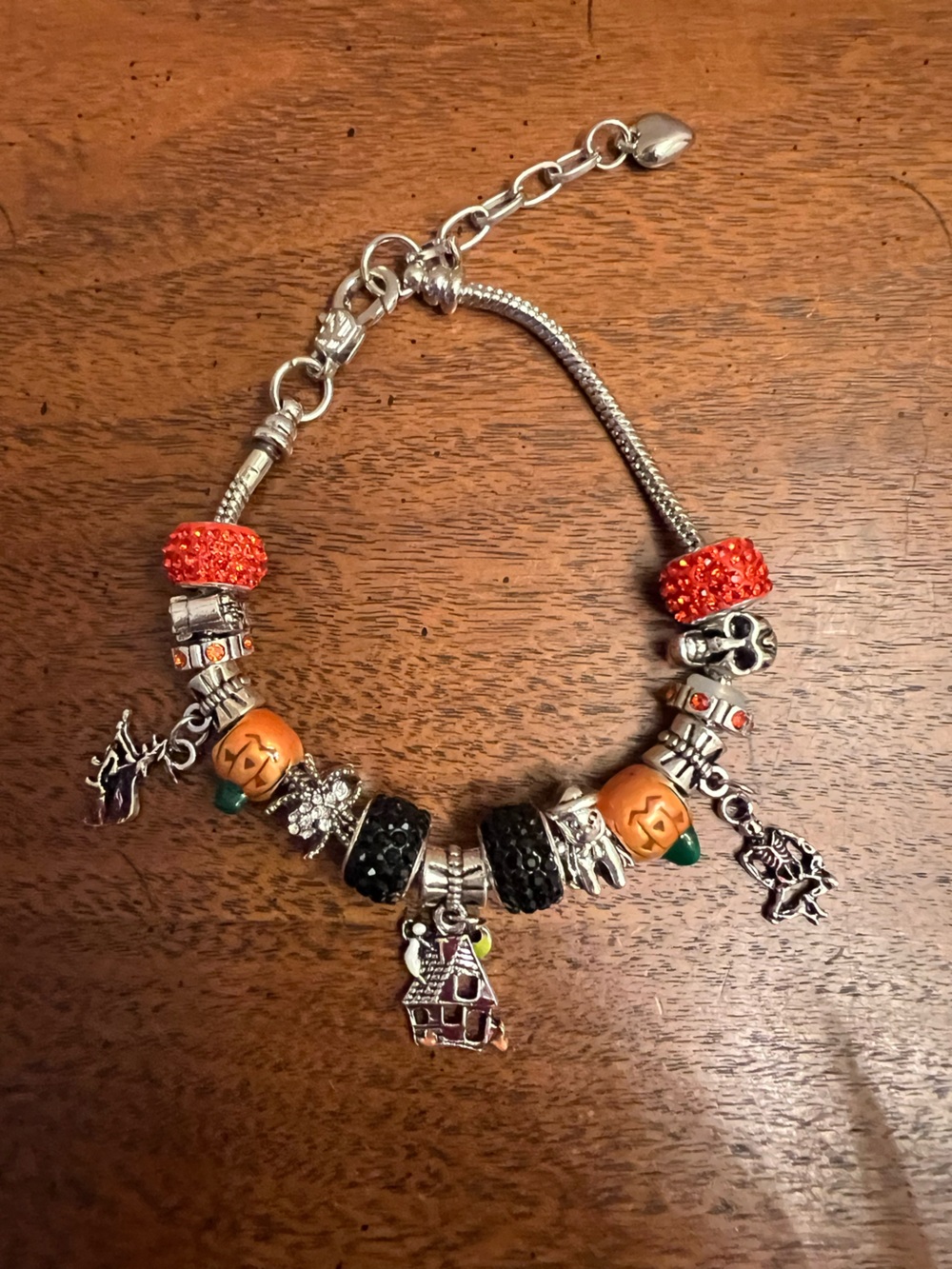 Halloween Silver Charm Bracelet with Orange and Black Charms
